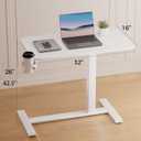 GTPLAYER Small Standing Desk with Hidden Wheels, Pneumatic Mobile Rolling Laptop Desk, Adjustable Height Overbed Bedside Table Computer Workstation for Home Office (32" W x 16" D, White), Large