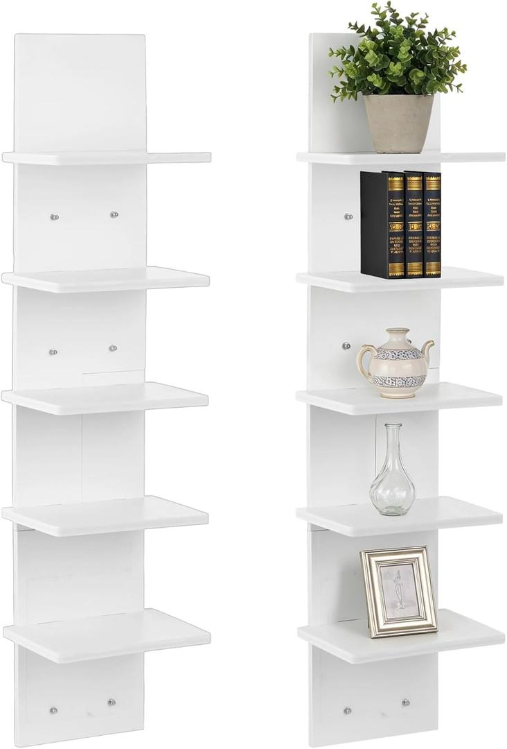 2PCS 5 Tiers Floating Wall Shelf, Small Vertical White Floating Shelf for Narrow Spaces, Modern Wall-Mounted Decorative Shelves for Bedroom Living Room, Lightweight Wood-Plastic