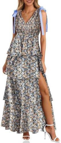 Wenrine Womens Summer Floral Maxi Dress Tie Strap Sleeveless V Neck High Slit Boho Ruffle Tiered Beach Dresses, L
