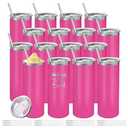 YOUKE OLA 16 Pack Stainless Steel Skinny Tumblers Bulk Straight Double Wall Powder Coated Insulated Tumbler with Lid and Straw for Laser Engrave, DIY Gift, 20oz Pink