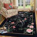 LIVEBOX Washable 5x7 Area Rugs for Living Room Clearance, Non Slip Soft Low Pile Oriental Floral Birds Chinoiserie Neutral Rugs for Bedroom, Carpet Rug for Kids Nursery Dining Room(Black,5'x7')