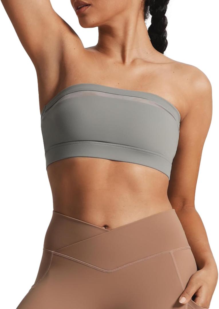 Aoxjox Women's Workout Strapless Bandeau Mesh Bras Training Fitness Running Yoga Crop Tank (Medium, Grey)