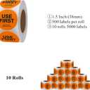 1.5 Inch USE First Stickers Food Service Inventory Control Labels Trilingual Product Labels Orange - 500 Stickers Per Roll (10 Rolls)