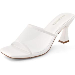 Women's Mule Heels Chunky Kitten Heeled Sandals Mesh Slip On Square Toe Comfortable Casual Dress Pumps Shoes (White), 6.5