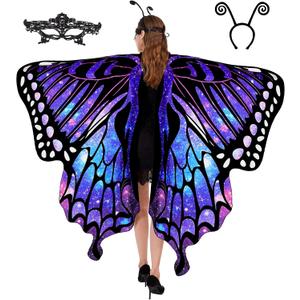 Tibeha Halloween Butterfly Costume for Women - Adult Wings Cape Shawl with Lace Mask and Antenna Headband (Purple-5020)