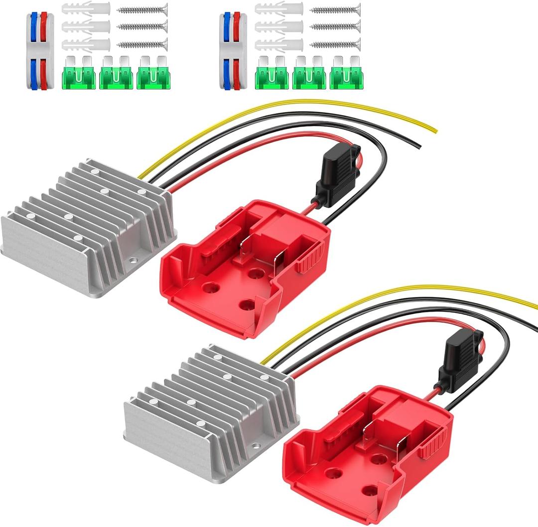 2 Pack 18V to 12V Azocek Step Down Converter Compatible with Mil-wau-kee 18V Battery Power Wheel Battery Adapter DC 12V 20A 240W Buck Converter Regulator with 30A Fuse & Wire Terminal