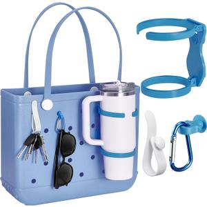 Accessories for BOGG Bag, Foldable Cup Holder for 30oz 40oz Stanley Cup, Adjustable Drink Water Bottle Holder Only for BOGG Bag, Insert Charm Carabiner Key Holder Hooks for Tote Bag (Blue)
