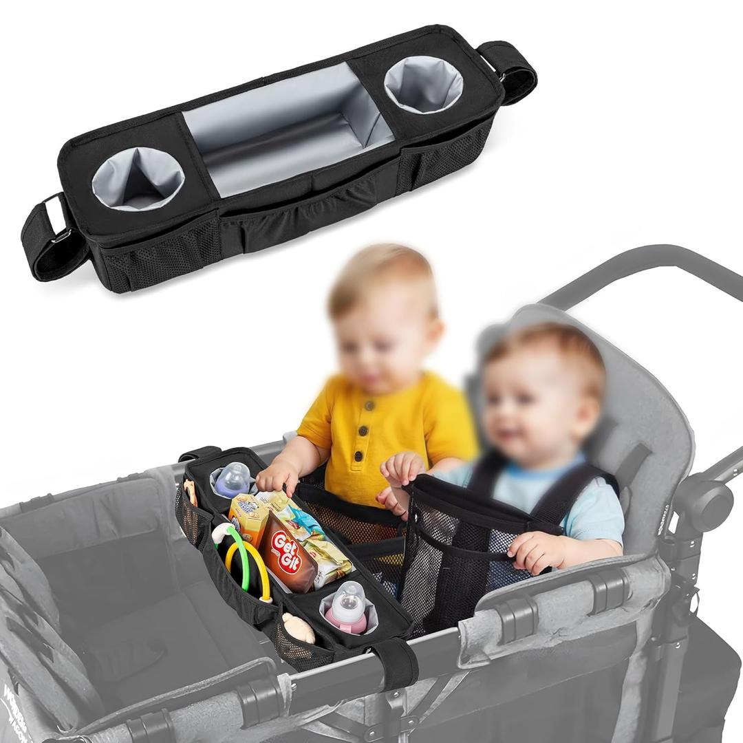 Stroller Snack Tray Compatible with Wonderfold W4, Wagon Parent Console Accessories with Insulated Cup Holders Snack Tray for Kids (Black)
