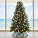 Soulchen 31.5 Inch Coastal Christmas Tree Collar Starfish Ocean Beach Blue Hexagon Fabric Collapsible Skirt Xmas Tree Collar for Artificial Trees Festive Holiday Nautical Decoration