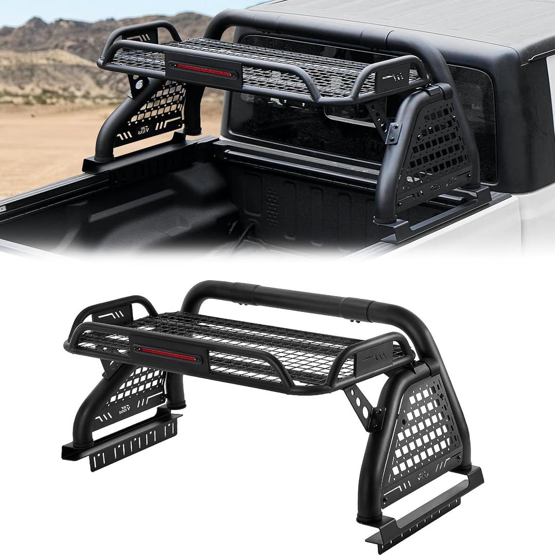 JOYTUTUS Roll Bar with Cargo Basket & Brake Light for Mid-Size Truck, Extendable Chase Rack Pickup Sports Bar Compatible with Tacoma, Gladiator JT