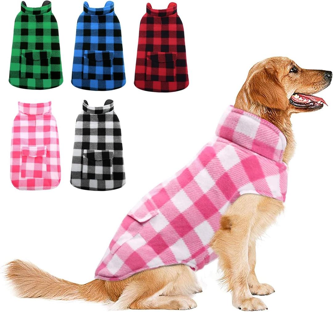 ASENKU Dog Winter Coat, Fleece Doggie Jacket Plaid Reversible Vest Waterproof Windproof Cold Weather Clothes for Dogs (Pink, XL)
