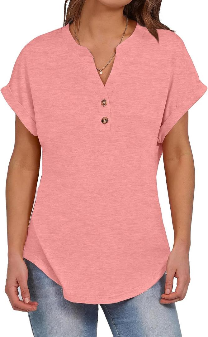 Women's V Neck Short Sleeve T Shirts Casual Henley Button Down Loose Fit Summer Tops Soft Roll Up Sleeve Tunic for Daily Wear, Peach Red, Large (Red, L)
