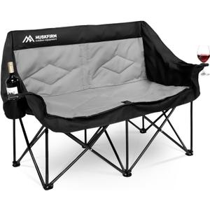 Huskfirm 2 Person Camping Chair Oversized Loveseat Camping Chair Double Camping Chairs for Adults Heavy Duty Camping Couch Black Outdoor Folding Chair Portable Patio Lawn Chair, Non-heating