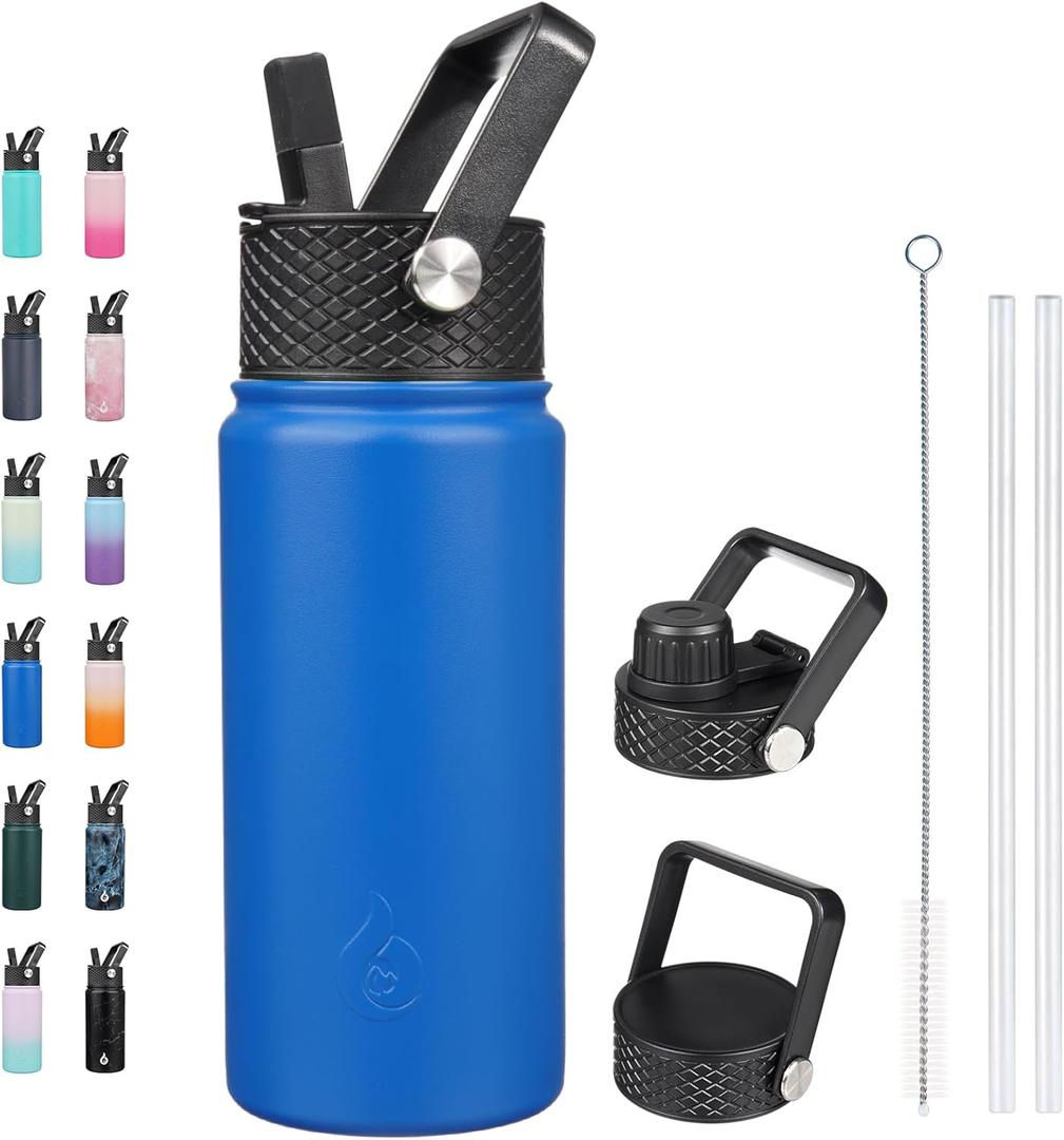 BJPKPK Insulated Water Bottles with Straw Lid, 18oz Stainless Steel Metal Water Bottle, Cold Hot Thermos with 3 Lids, Leak Proof BPA Free Travel Cup, Wide Mouth Flasks, Thermos -Sapphire