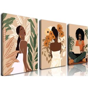 3 PAck Framed Black Girl Wall Art Set of 3, Black Woman with Floral Pictures Wall Decor Paintings, Fashion African American Female Canvas Prints Home Decor for Living Room Bedroom Office 12x16 inch (16L" x 12W")