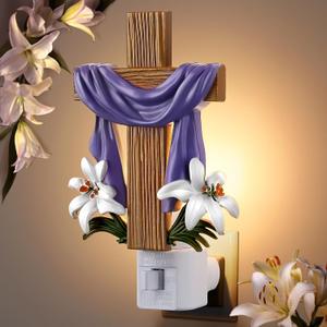 Easter Religious Night Light, He is Risen Cross Night Light Plug in, Lily Flower and Easter Cross Decor 120V C7 LED Nightlights with Switch and 360 Degree Swivel Plug, for Bedroom Hallway Home