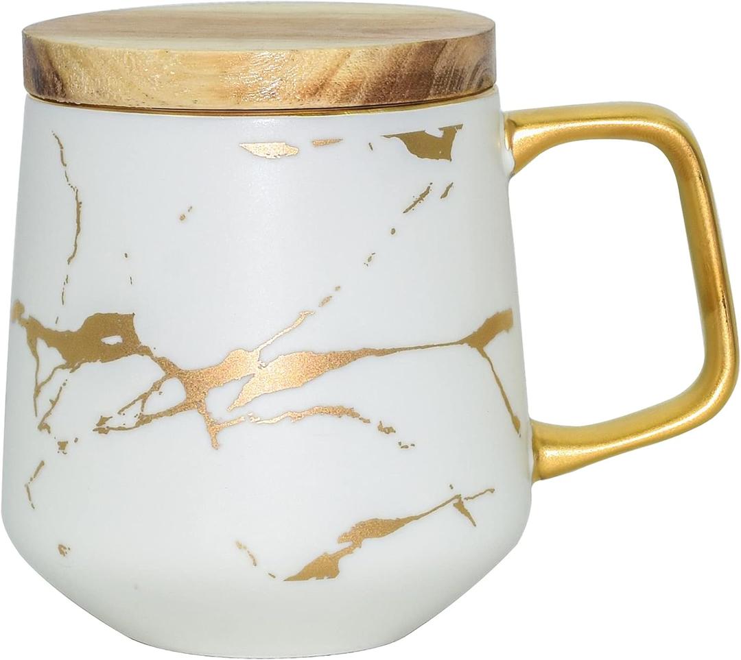 LUCCK Ceramic Coffee Mug with Wooden Lid 14.5 OZ Tea Cup Luxury Gold Inlay Marble Pattern Ceramic Mug Coffee Tea Mug Gift for Women Wife Girl Grandma (White),1 Count (Pack of 1)