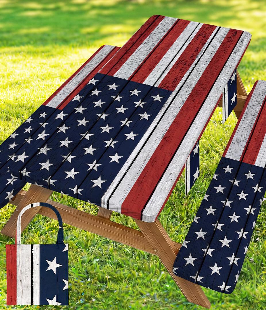 Picnic Table Cover with Bench Covers Waterproof Rectangle Tablecloth Camping Essentials Supplies Rv Travel Must Haves Gear Accessories Fitted Table Cloth Outdoor Road Trip Camper Gifts American Flag