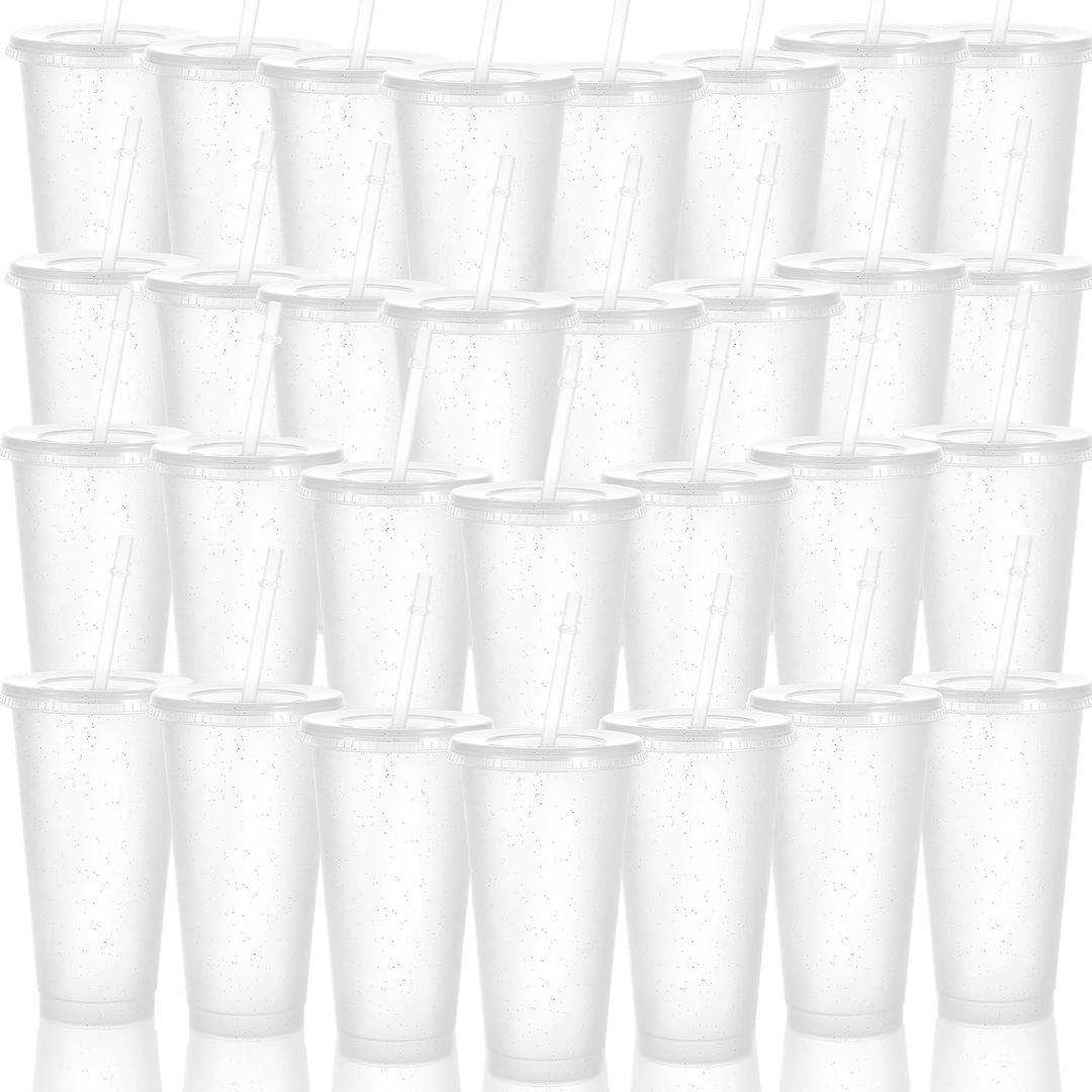 30 Pack Tumblers with Lid and Straw Reusable Plastic Clear Cups Bulk Water Bottles 24 Ounces Cups Travel Mug Cup for Iced Coffee Cold or Hot Drink Juices Birthdays Party Outdoor Use