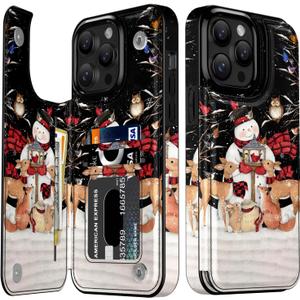 LETO Christmas Wallet Phone Case for iPhone 15 Pro - Flip Folio Leather Kickstand - Credit Card Holder - Shockproof Protective Cover for Women and Girls - Snowman with Deer