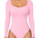 OQQ Women Bodysuit Contrast-Trim Square Neck Long Sleeve Stretch Bodysuit Tops Pink cherry blossom S