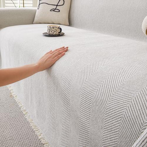 HAOMAIJIA Non Slip couch cover sofa covers for 3 cushion couch Washable sectional couch covers for Dogs pet Furniture Protector Couch Cover Blanket for Living Room (Off white, 91"x150")