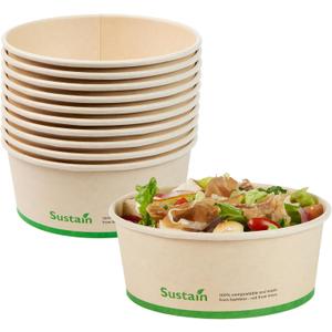 Restaurantware-Sustain 25 Ounce Sturdy Paper Take Out Boxes, 200 Round Take Out Food Containers - With PLA lining, Compostable, Bamboo Paper Containers, Disposable, Greaseproof (5.9"L5.9"W2.4"H, Kraft)