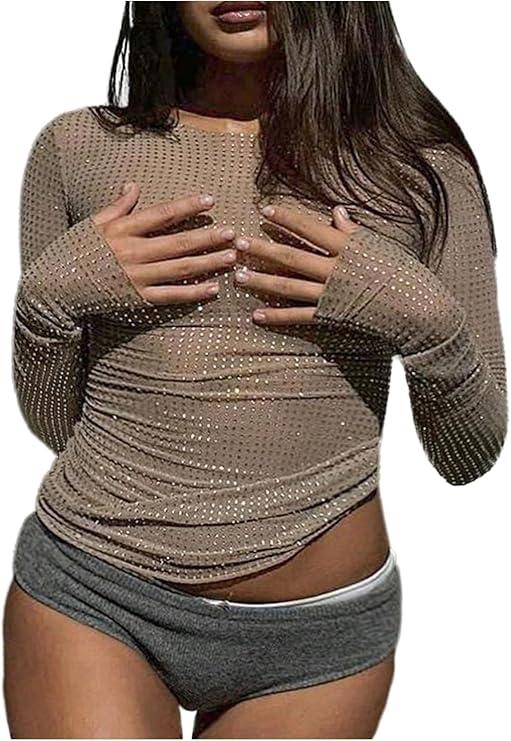 SOLY HUX Women's Plus Size Sparkly Rhinestone Sheer Mesh Tops Long Sleeve Ruched T Shirt Going Out Party Clubwear Solid Khaki XLarge Plus