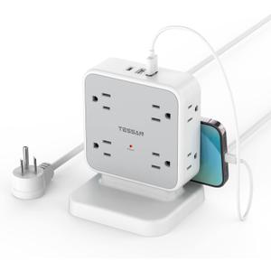 Power Strip Tower Surge Protector, TESSAN 8 AC Outlets with 3 USB (1 USB C Port), 5 FT Flat Plug Extension Cord with 900 Joules Protection, Desk Charging Station for Home Office Supplies, Dorm Room (Grey with Base)