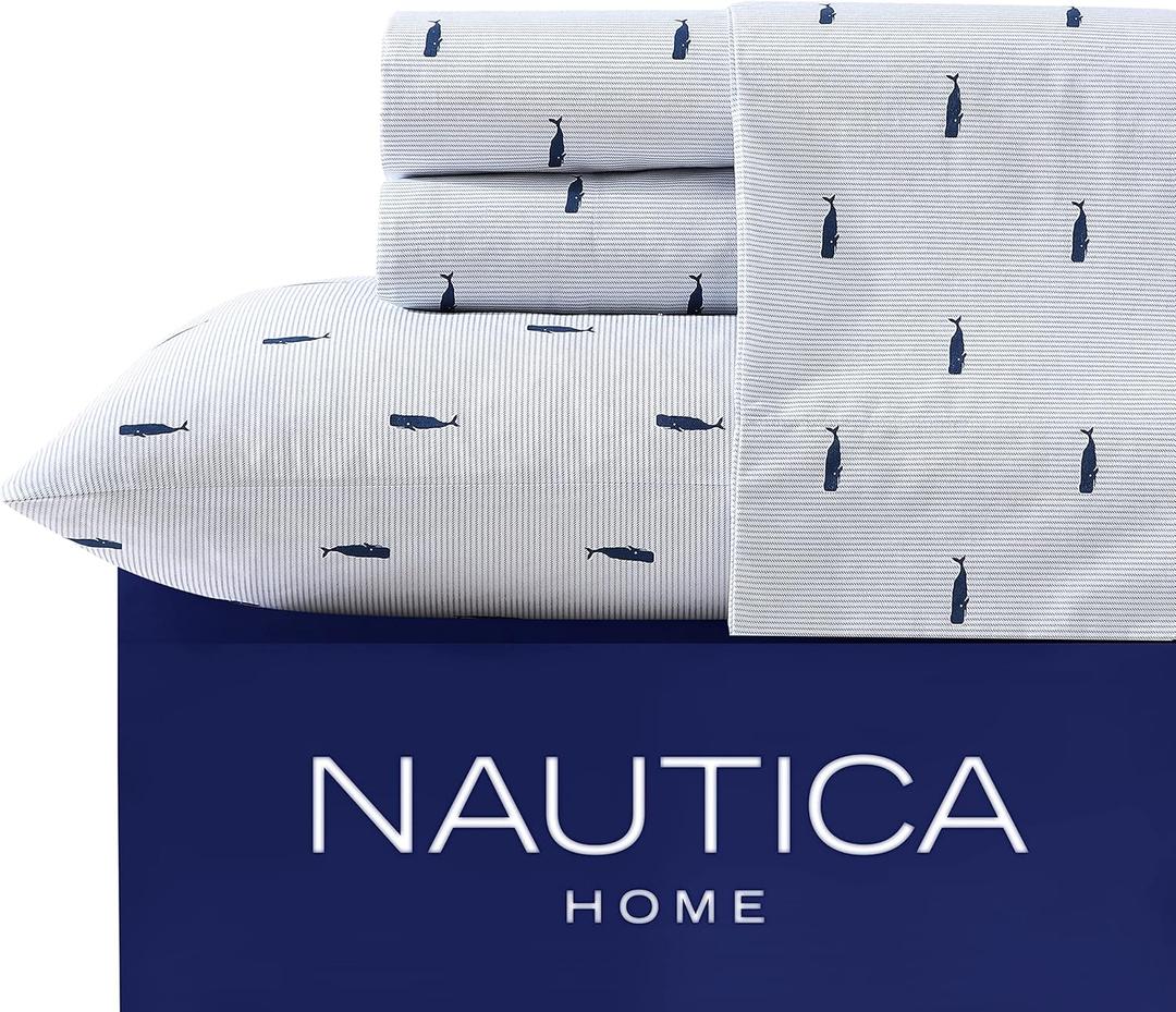 Nautica - Queen Bed Sheets, Cotton Percale Bedding with Matching Pillowcases, Fully Elasticized, Oeko-Tex Certified (Whale Stripe Blue)