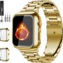 Compatible with Apple Watch Band 49mm 46mm 44mm 45mm 42mm 40mm 38mm 41mm, Stainless Steel iWatch Bands with 2 Pack Tempered Glass Screen Case for Series 10/9 Ultra 2 8/7/6/5/4/3/2/1/SE for Men (Gold)