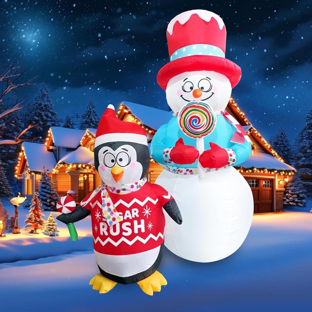 6FT Inflatable Christmas Snowman Decorations Blow Up Penguin Lollipop Outdoor Xmas Decor Inflate Cute Santa with LED Light for Indoor Outside Yard Garden Lawn Porch Patio Holiday Party