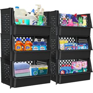 TidyFriend Plastic Stackable Bins for Pantry, 6 Pack Large Stacking Bins Open Front Kitchen, and Bathroom Organization, Open Front Design (Black)