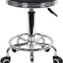 KKTONER Round Rolling Stool with Foot Rest PU Leather Height Adjustment Modern Industrial Metal Style Swivel Spa Salon Tattoo Work Massage Stools Small (Black)