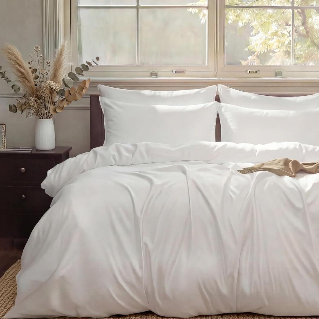 Duvet Cover Set King Size Silky Soft Cooling, Rayon Blend from Bamboo, Breathable Durable Bedding for All Seasons, Include 1 Duvet Cover 104"x90" with Zipper & 2 Pillowcases, Bright White