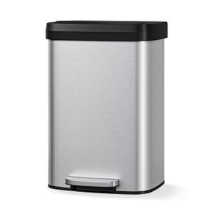 Garvee 13 gal / 50 L Stainless Steel Trash Can with Lid, Large Garbage Can for Kitchen, Rustproof Step-on Kitchen Metal Trash Bin with Liner Rim, Rear Handle, Soft Close Plastic Lid, Silver