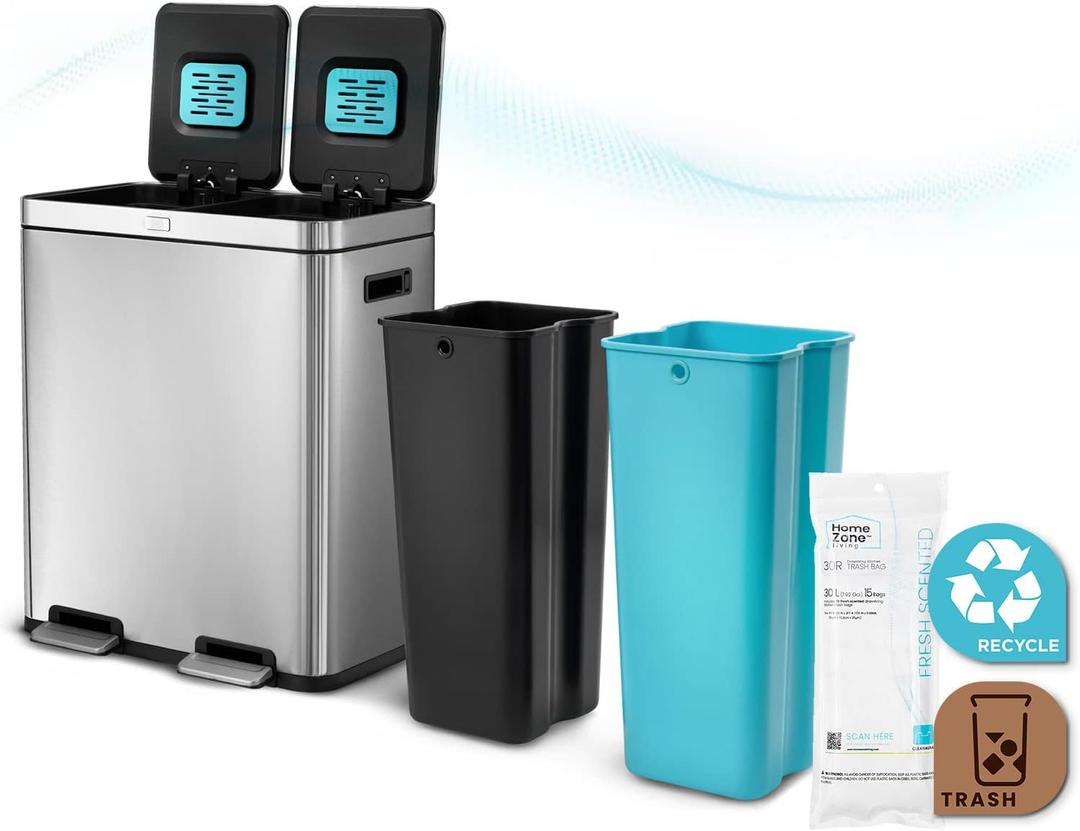 Home Zone Living 16 Gallon Kitchen Trash Can with Dual Compartments for Recycling, CleanAura Odor Control, Stainless Steel, Silver, 60 Liters Total