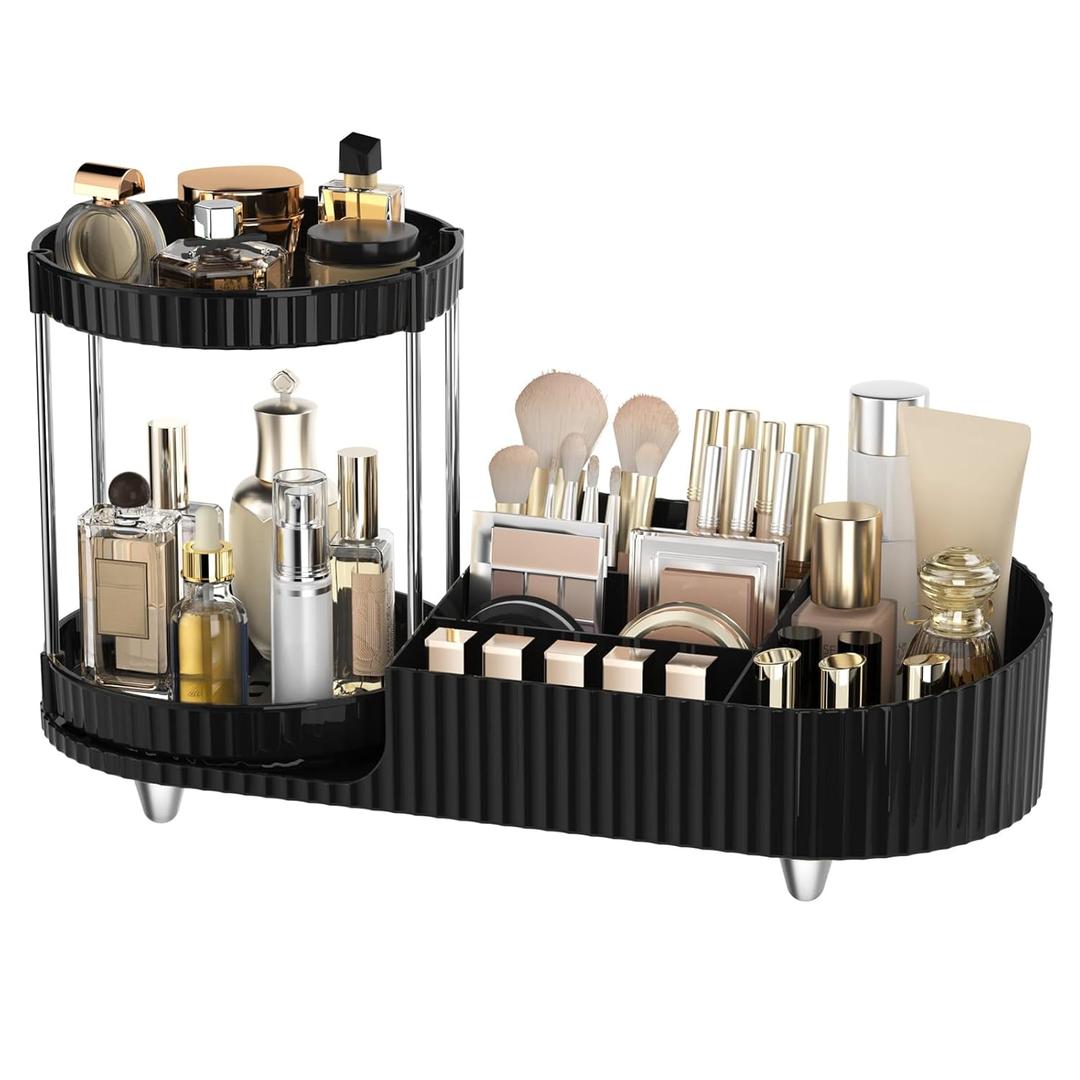 Makeup Organizer Countertop with Partition Slot for Vanity, Plastic Vanity Storage, 2-in-1 Large Desk Makeup and Skincare Organizers with Perfume Tray for Cosmetics Bathroom (Black)