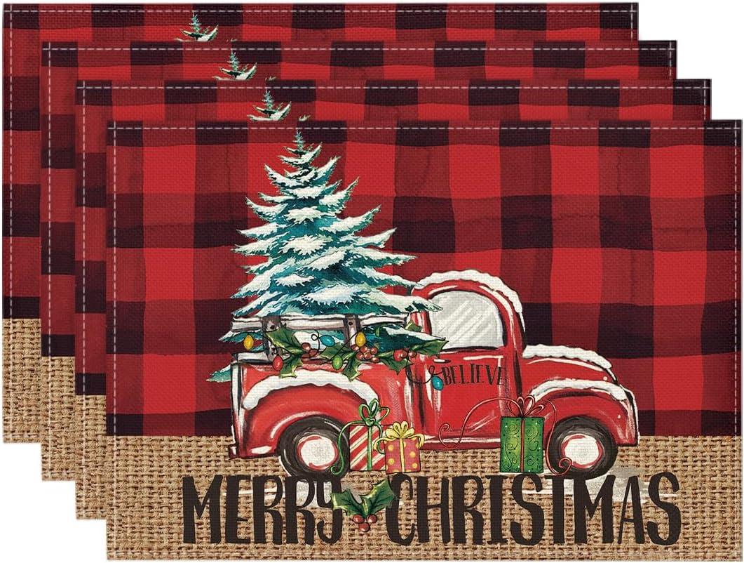 Artoid Mode Red and Black Buffalo Plaid Truck Merry Christmas Placemats Set of 4, 12x18 Inch Xmas Tree Winter Table Mats for Party Kitchen Dining Decoration