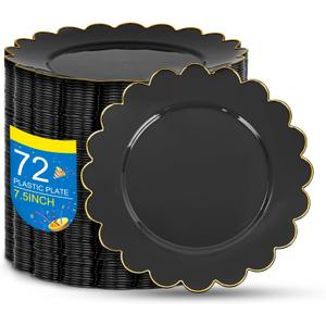 SUT 72 PCS Black Plates,Black Plastic Plates with Gold Rim, Black Party Plates, Plastic Plates for Party, 7.5 inch Plastic Dessert Plates, Black Disposable Plates for Party,New Year,Halloween