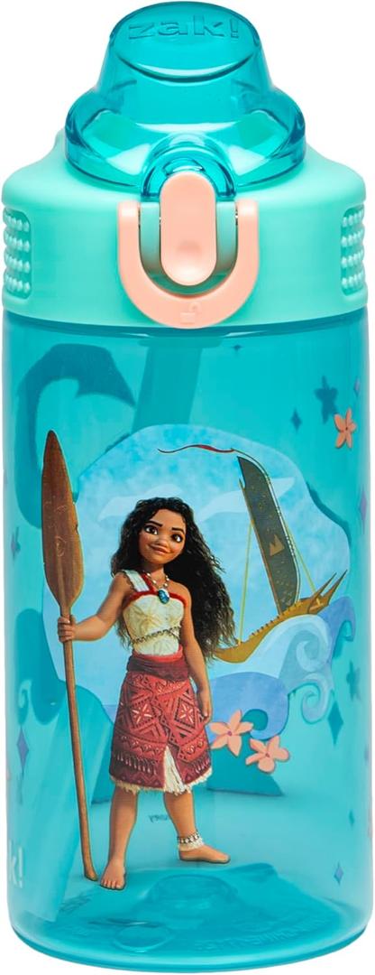 Zak Designs Disney Moana Sage Kids Water Bottle For School or Travel, 16oz Durable Plastic Water Bottle With Straw, Handle, and Leak-Proof, Pop-Up Spout Cover (Moana, Maui)