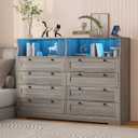 GarveeHome Grey Dresser for Bedroom Deep Drawers, 55 in Tall Wooden Bedroom Dressers with Power Outlet and Led Lights, Large Modern 8 Drawers Dressers and Tv Stand Dresser for Living Room, Hallway