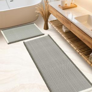 IM HOME Waffle Bath Mat Set 2 Piece Green & Cream, Woven Modern Bath Rug Mats, Absorbent Non Slip Bath Floor Mat, Soft Washable Boho Bath Rugs with Tassels for Bathroom, Bedroom, Kitchen, Tub