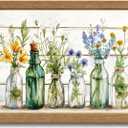Framed Rustic Green Bathroom Wall Art Retro Green Flower Watercolor Bottles Canvas Painting Rustic Bathroom Picture Prints Farmhouse Country Floral Wall Decor for Bedroom Living Room Home Decoration, 24"L x 16"W