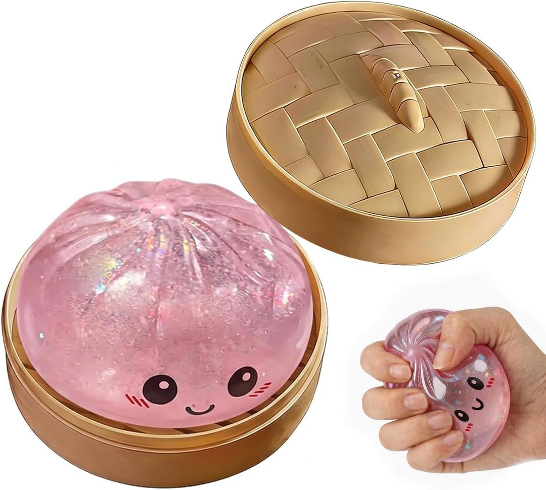 Dumpling Squishies Toy, Giant Glitter Dumpling, Colorful Steamed Bun Stress Balls Fidget Sensory Toy,Squeeze Dough Ball Stress Relief Hand Toys with Food Steamer Stretchy Desk Toys (Glitter Pink)