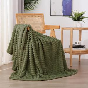 Olive Green Fleece Throw Blanket 5060 for Couch Sofa Bed,Super Soft Cozy Plush Microfiber Flannel Blanket with Stripes Design Lightweight for Adults,Woman,Girls
