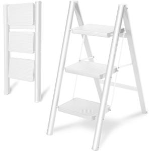 Double Elite Step Ladder 3 Step Folding, Sturdy 330 Lbs Load Step Stool for Adults, Safer Full Steel Kitchen Closet Ladder for Home, Multi-use Small Step Stool Ladder with Anti-Slip Wide Pedals, White
