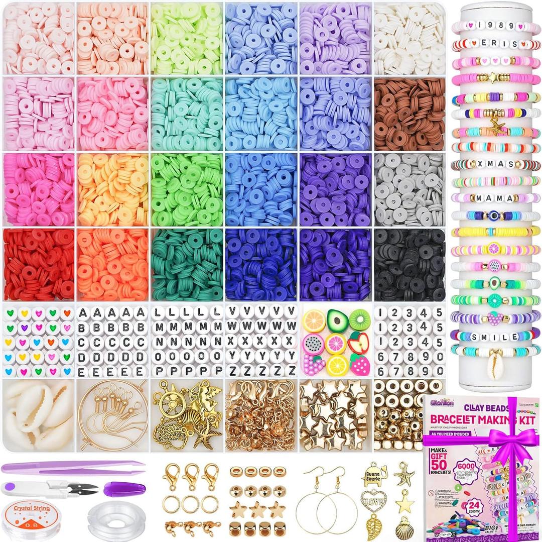 Gionlion 6000 Clay Beads Bracelet Making Kit, 24 Colors Flat Preppy Beads for Friendship Bracelets, Polymer Clay Bead with Charms for Jewelry Making, Crafts Gifts for Girls Ages 6-12
