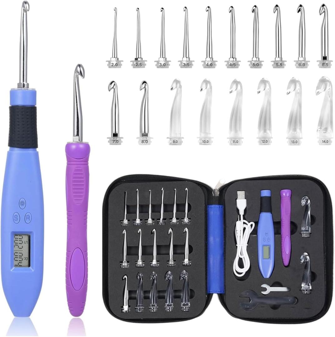 Foxyoo Ergonomic Crochet Hook Set, 18 Interchangeable Metal and Plastic Tips 2.0-14.0mm, Light Up Handle with Counter, Travel Case for Knitting, Crafting, Arthritis, Beginners, Enthusiasts