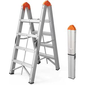 APARECIUM Aluminum Foldable Twin Front A Frame 4-Step Ladder with Wide Anti-Slip Pedal, Compact Portable Lightweight Step Stool, EN131, 330lb Capacity